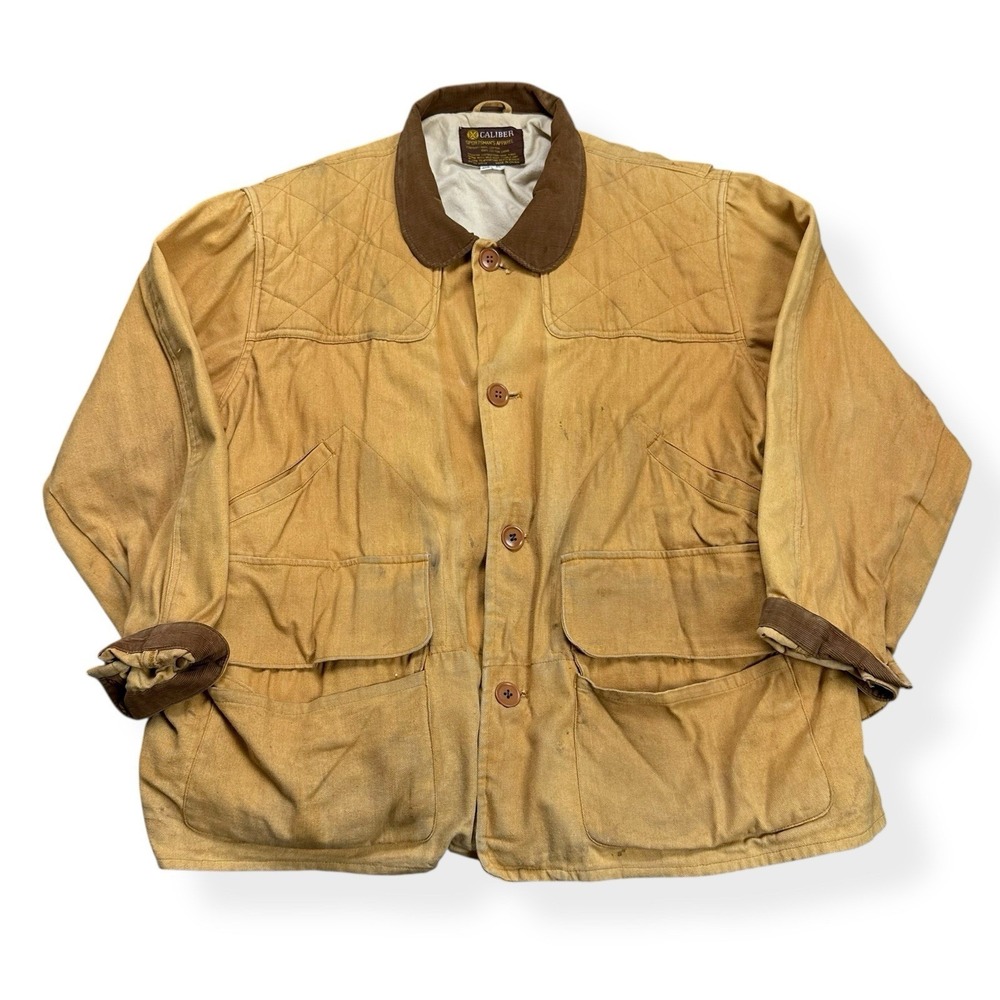 VTG Caliber Sportsman's Hunting Jacket Tan Size XL Canvas Game Pouch 50s 60s